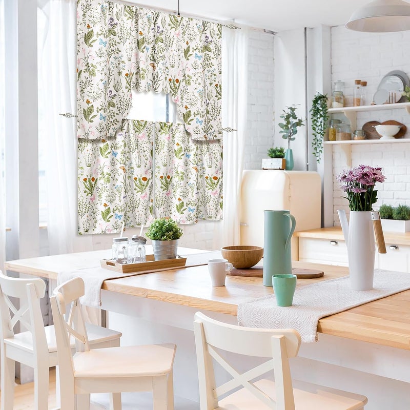 Remagr Spring Kitchen Curtains 3 Pieces Set Plants and Flowers Window Curtains and Valance for Kitchen Bedroom Living Room Cafe Windows Spring Home Decor 60'' x 36'' Valance & 36'' x 30'' x 2 Panels - Image 4